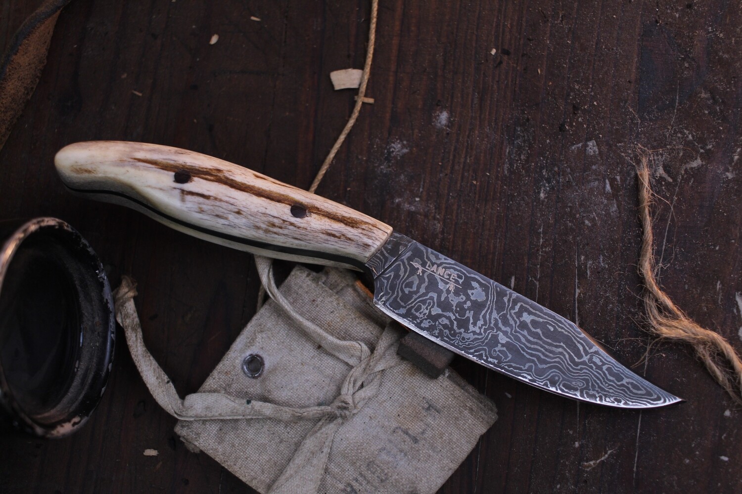 Lucas Lance &amp; Mark Couch 3.85&quot; Clip Point Hunter / Caribou Antler / Alaskan Forged Damascus