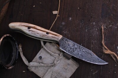 Lucas Lance & Mark Couch 3.85" Clip Point Hunter / Caribou Antler / Alaskan Forged Damascus