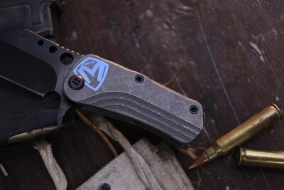 Medford Knife &amp;Tool (MKT) Chunky Monkey 2" Framelock Flipper / Tumbled Titanium With Blue Ano Logo  / Black PVD S35VN ( Pre Own