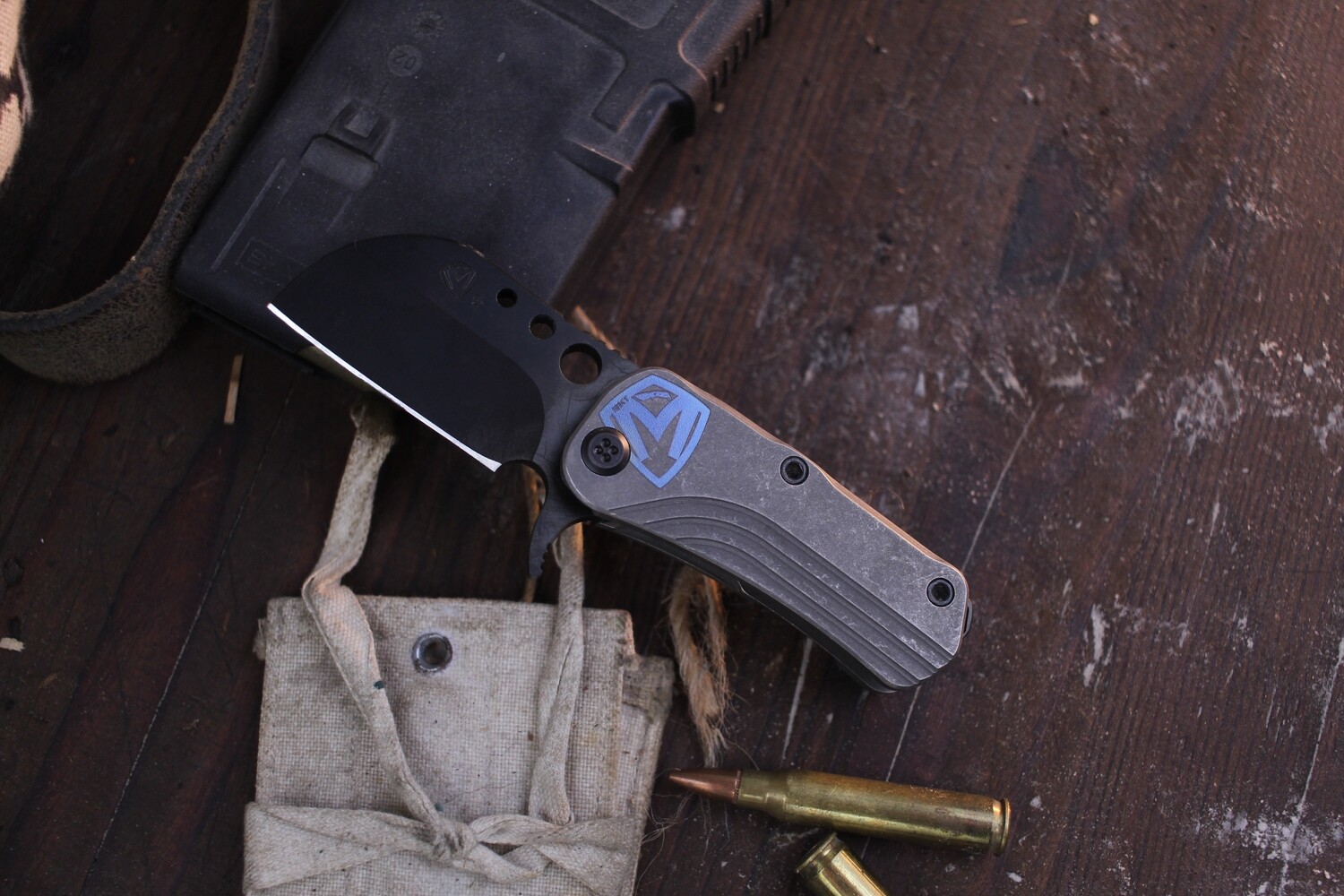 Medford Knife &amp;Tool (MKT) Chunky Monkey 2&quot; Framelock Flipper / Tumbled Titanium With Blue Ano Logo  / Black PVD S35VN ( Pre Own