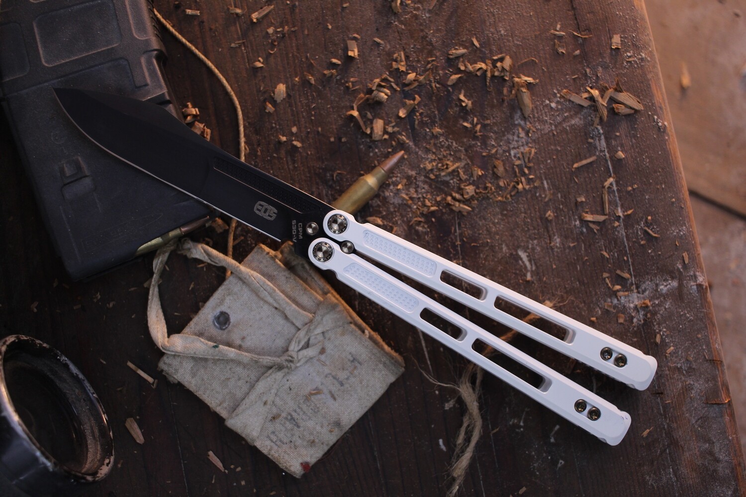 E.O.S. Trident 4.13&quot; Balisong / Stormtrooper Titanium &amp; Bronze Hardware / DLC S30V ( Pre Owned )