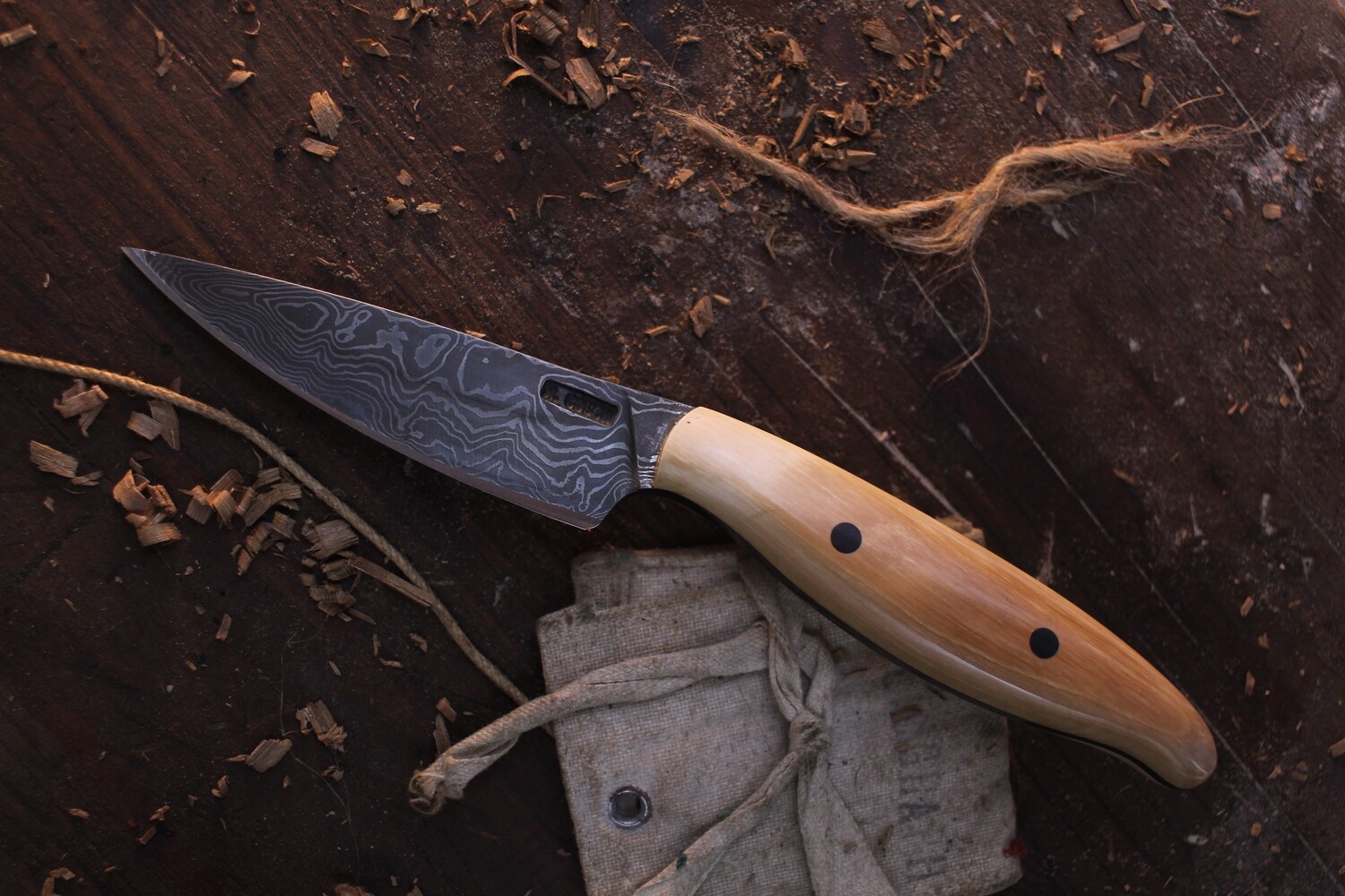 Lucas Lance & Mark Couch 3.5" Drop Point Utility / Mammoth Ivory & Copper Epoxy / Alaskan Forged Damascus