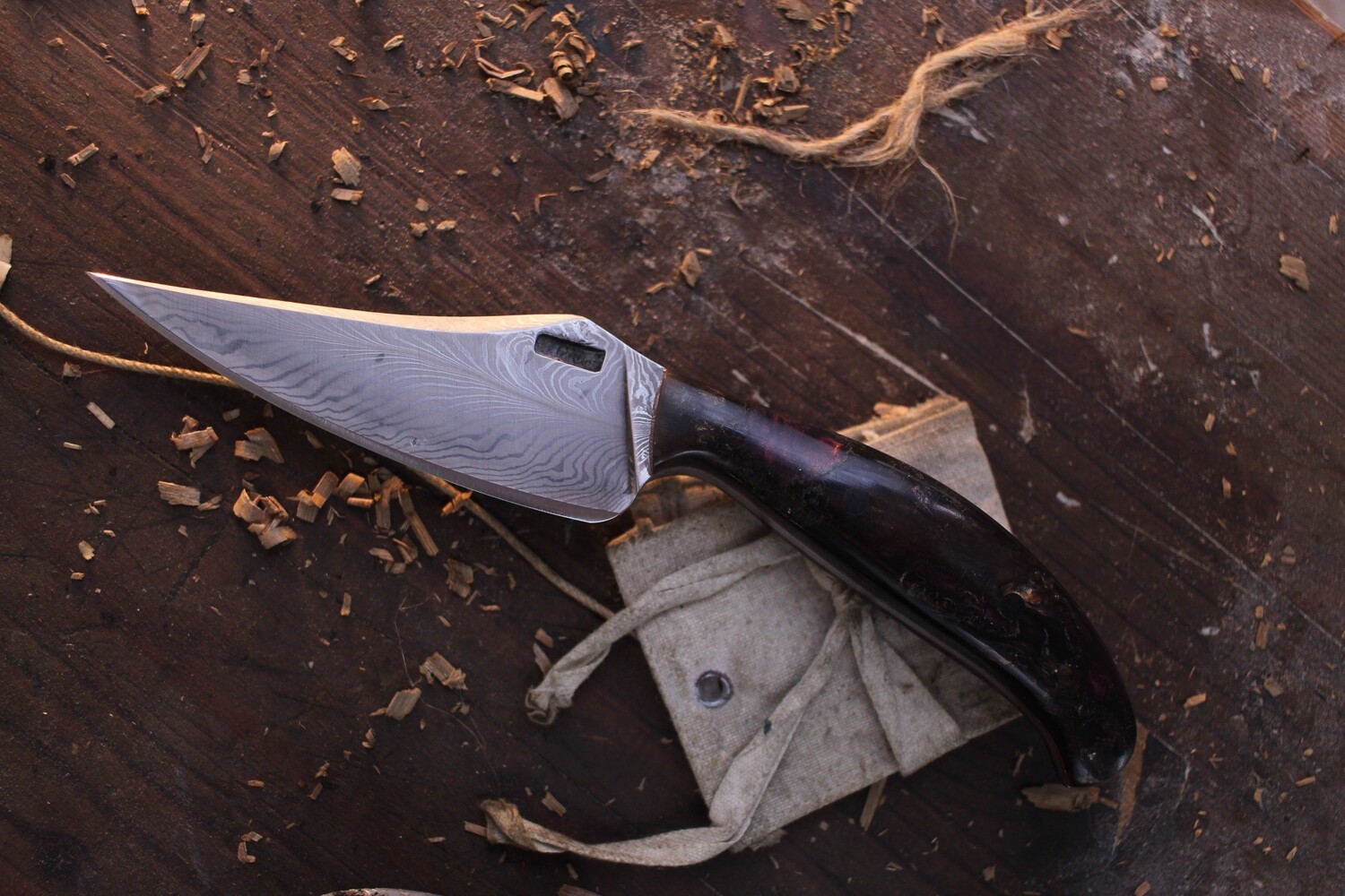 Lucas Lance &amp; Mark Couch 4.25&quot; Trailing Point Hunter / Mammoth Ivory &amp; Angry Nebula Epoxy / Alaskan Forged Damascus