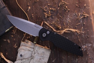 Pro-Tech TR-3 3.5&quot; Automatic Plunge Lock Folder / Black Fish Scale Aluminum / Stonewashed 154CM
