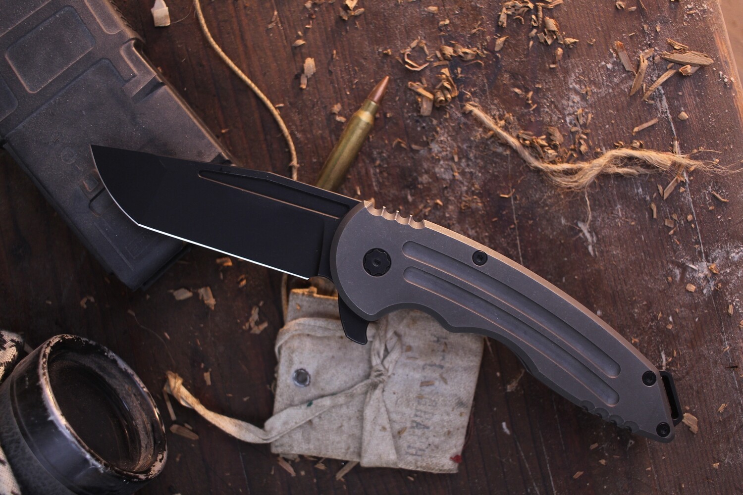 Jake Hoback Knives Husky 3.8&quot; Framelock Flipper / Stonewashed Titanium /  Blackwashed Nitro V ( Pre Owned )