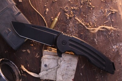Jake Hoback Knives Husky 3.8" Framelock Flipper / Black Titanium /  Blackwashed Nitro V ( Pre Owned )