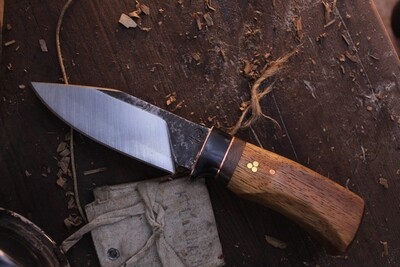Barrett Knives Mini Strider 4” Clip Point / Canary Wood With Walnut & Resin Bolster / Alaskan Forged 1095