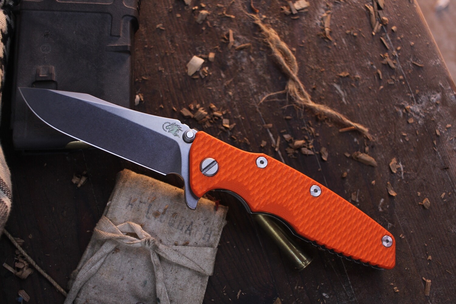 Hinderer Eklipse 3.5&quot; Spearpoint Framelock Flipper / Orange G-10 &amp; Stonewashed Titanium / Stonewashed S45VN