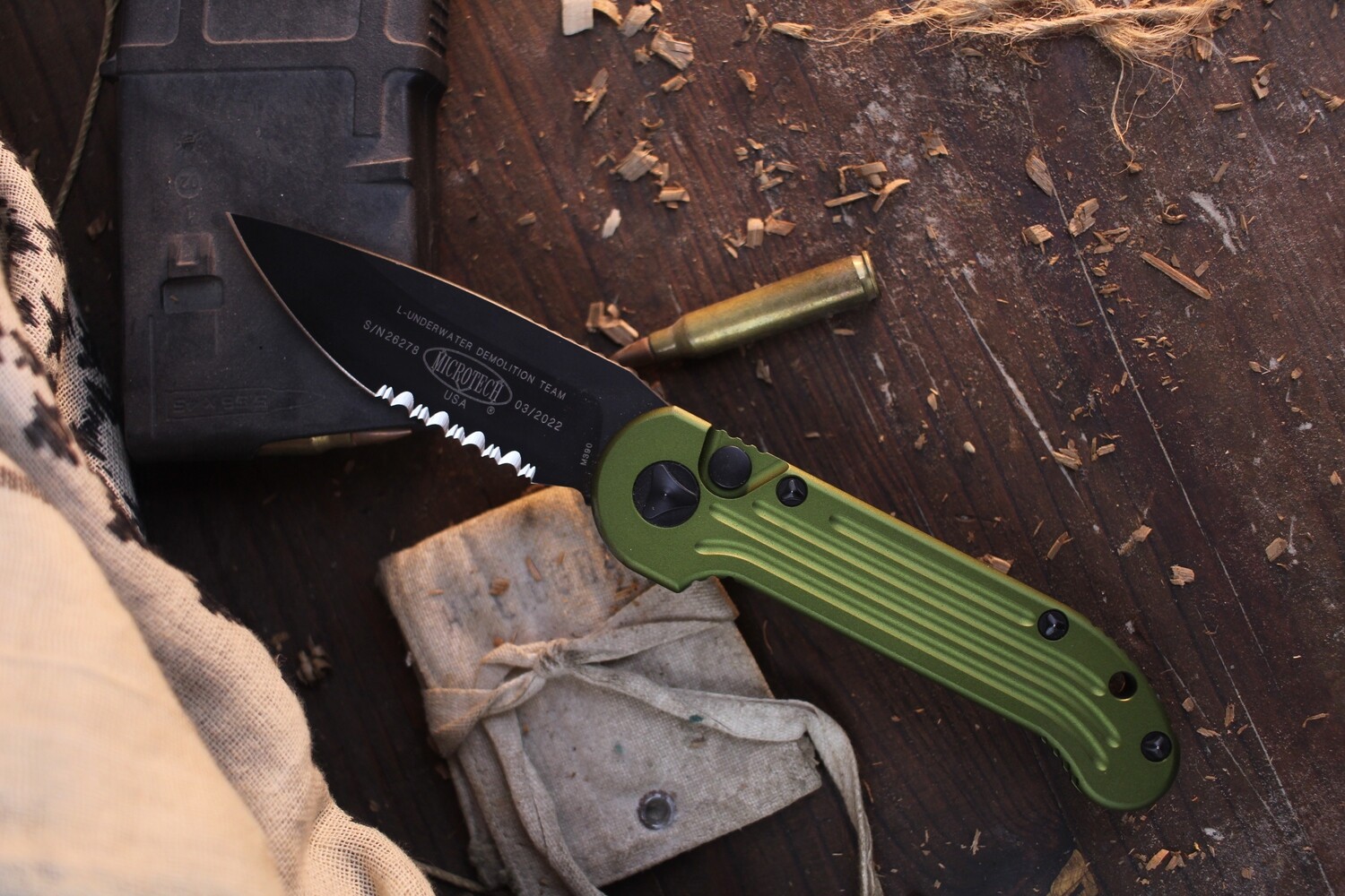 Microtech LUDT 3.4&quot; Auto Plunge Lock Folder / OD Green Aluminum / Black Serrated M390 ( Pre Owned )