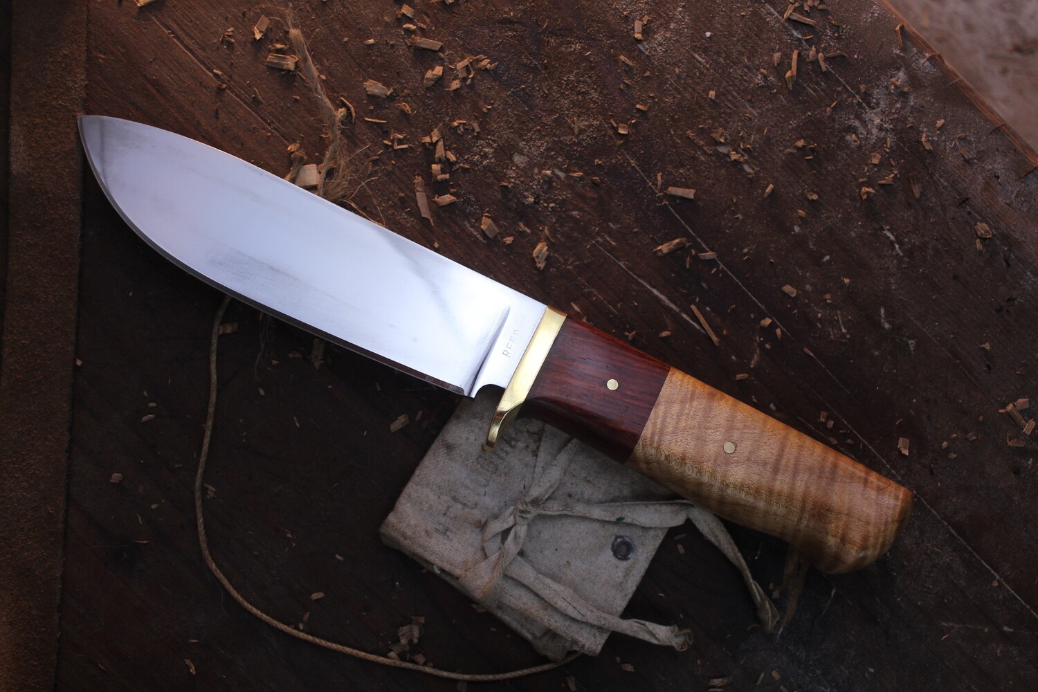 David Reed Large Woodsman  6" Fixed Blade / Cocobolo & Maple With Brass Single Guard / Polished Drop Point D2