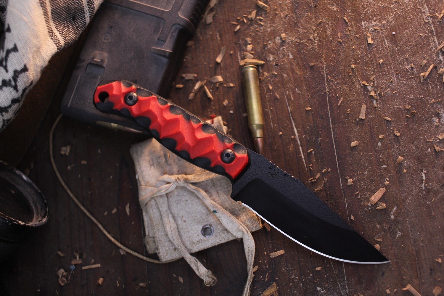 Half Face Blade Featherlight 3.35” Fixed Blade / Textured Black &amp; Red G-10 / Black Cerakote S35VN