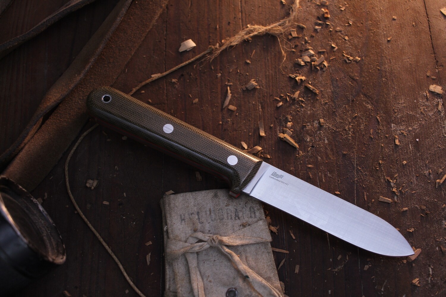 Brisa EnZO Kephart 115 4.53&quot; Fixed Blade / Green Micarta / Bushcraft Sheath &amp; Satin Full Flat Ground 80CrV2