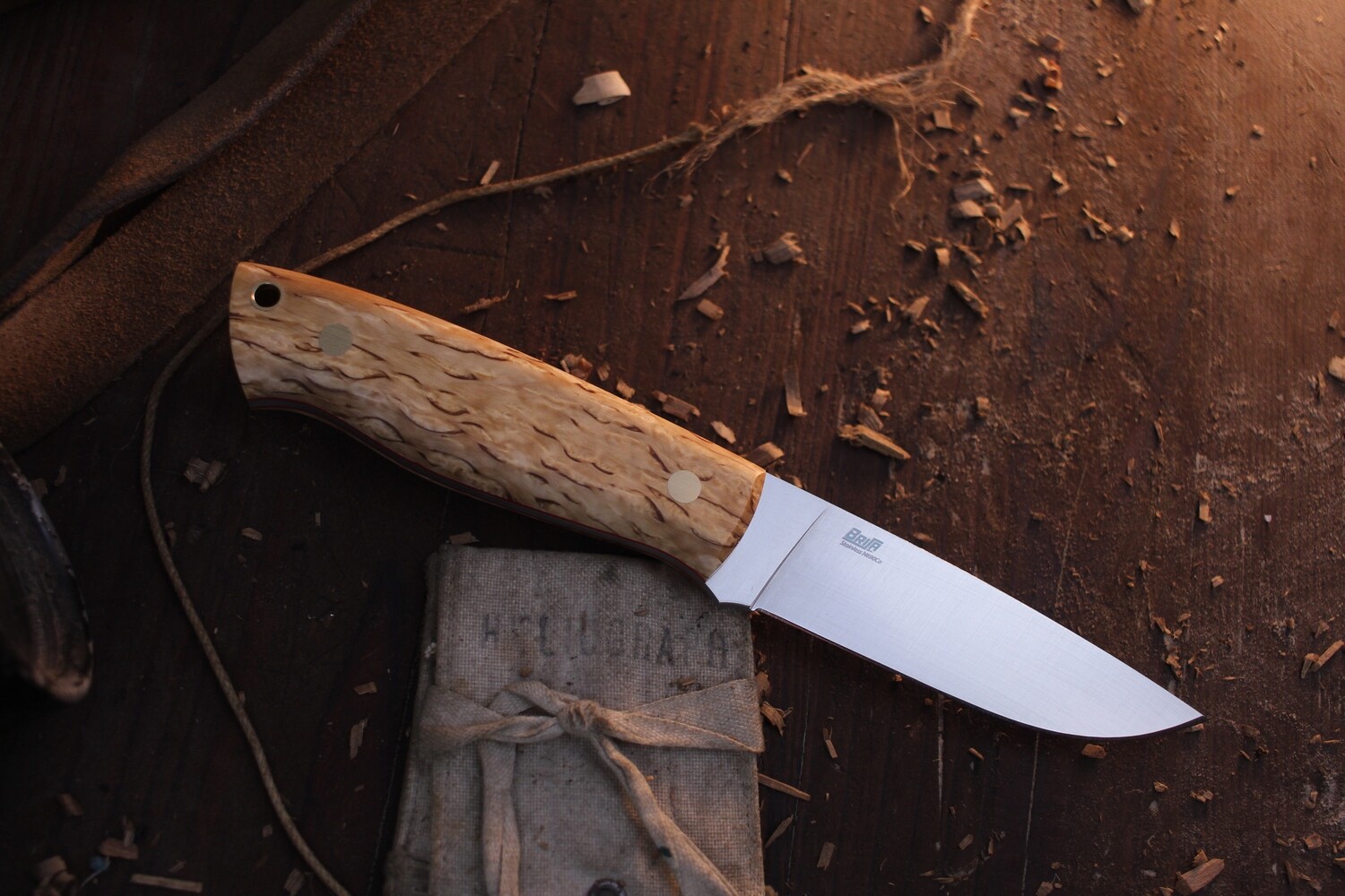 Brisa EnZO Trapper 95 3.75&quot; Fixed Blade /  Curly Birch / Satin Full Flat Ground N690co