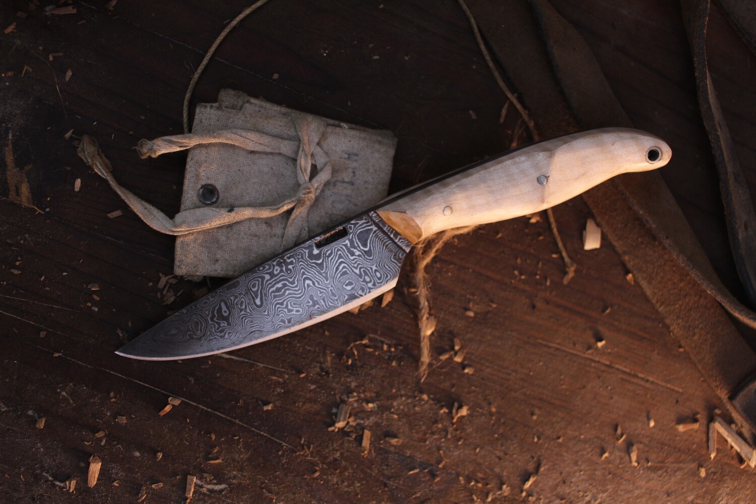 Mark Couch 4.25” Drop Point Hunter / Maple / Alaskan Forged Damascus