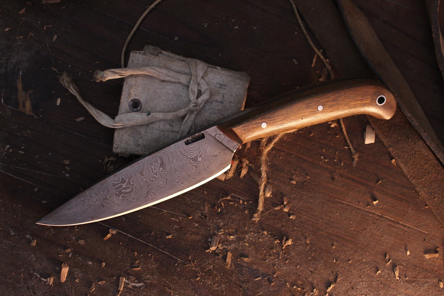 Mark Couch 4.75” Drop Point Hunter / Walnut / Alaskan Forged Damascus