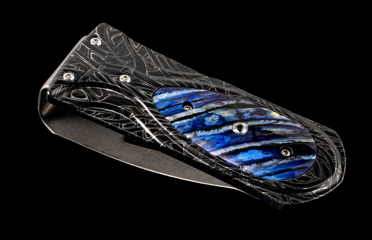 William Henry Studio M3 Blue Wave Money Clip / Chad Nichols Brain Wave Damascus &amp; Blue Mammoth Tooth Inlay