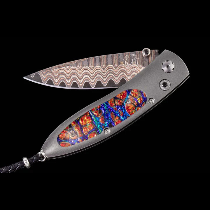 William Henry Studio B05 Monarch Red Flame Folder / RedBurl Dichrolam Inlaid Titanium &amp; Spinel Gemstones / Copper Wave Damascus