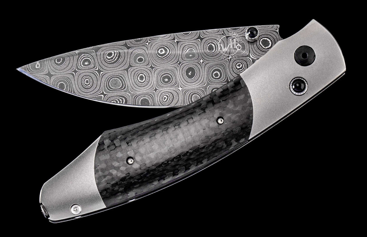 William Henry B12 Dark Rain 3.06&quot; Button Lock Folder / Titanium With Carbon Fiber Inlay &amp; Onyx Stones / Raindrop Damascus