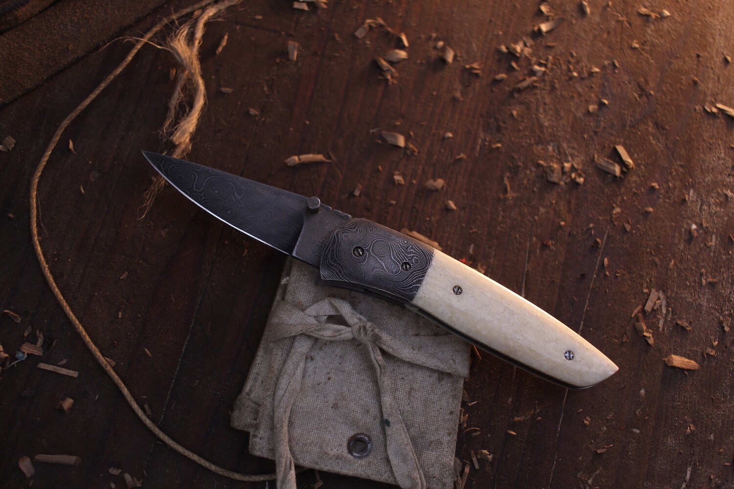 Bob Hook Ancient Walrus 2.75&quot; Folding Knife / Damascus Bolster &amp; Walrus Ivory