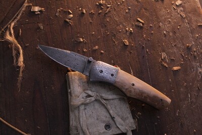 Bob Hook Hakkapella Liner Lock 2.75" Folding Knife / Damasteel Bolster & Mammoth Ivory / Hakkapella Patter Damasteel