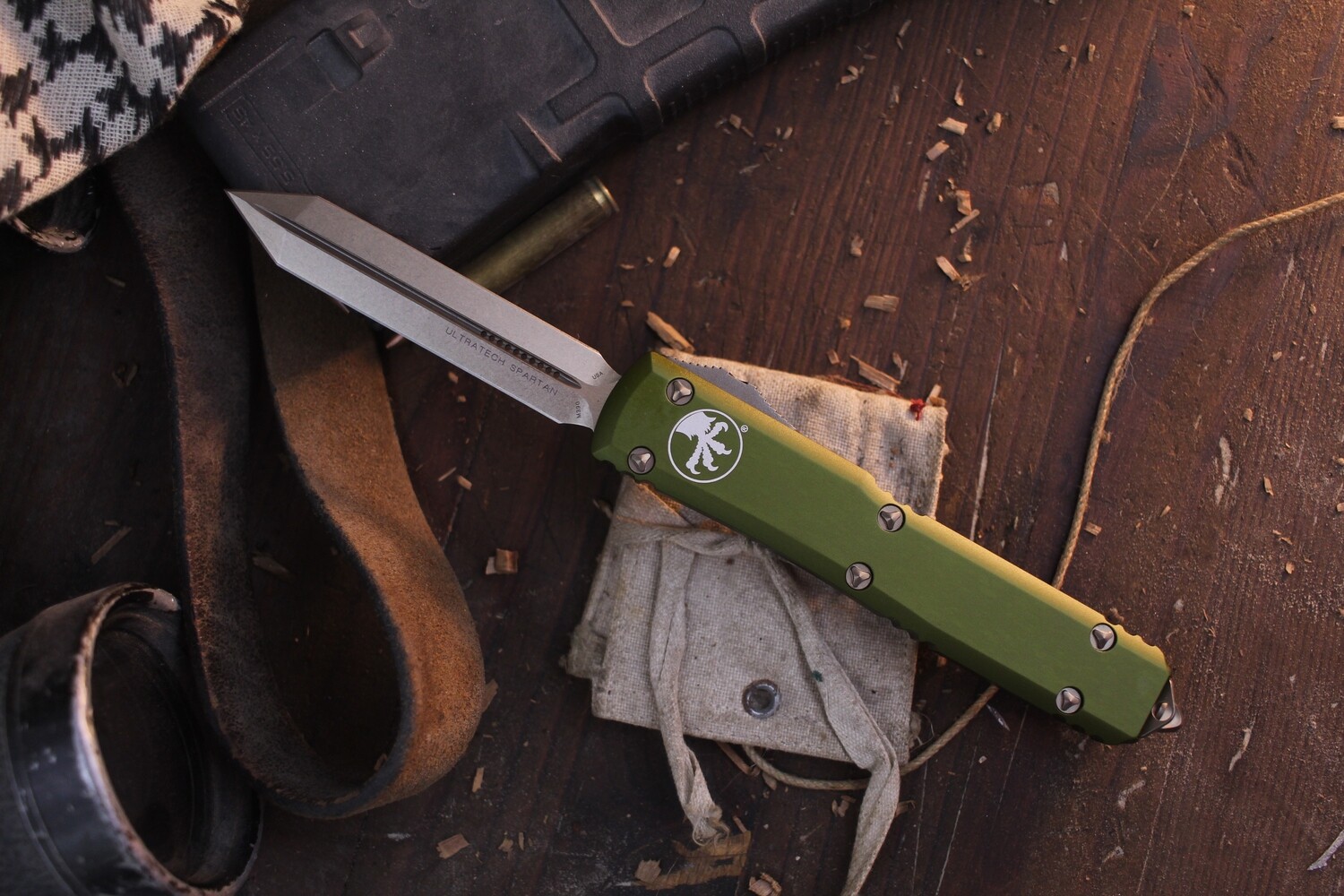Microtech Spartan Ultratech 3.46” OTF Auto / OD Green Aluminum / Bronze