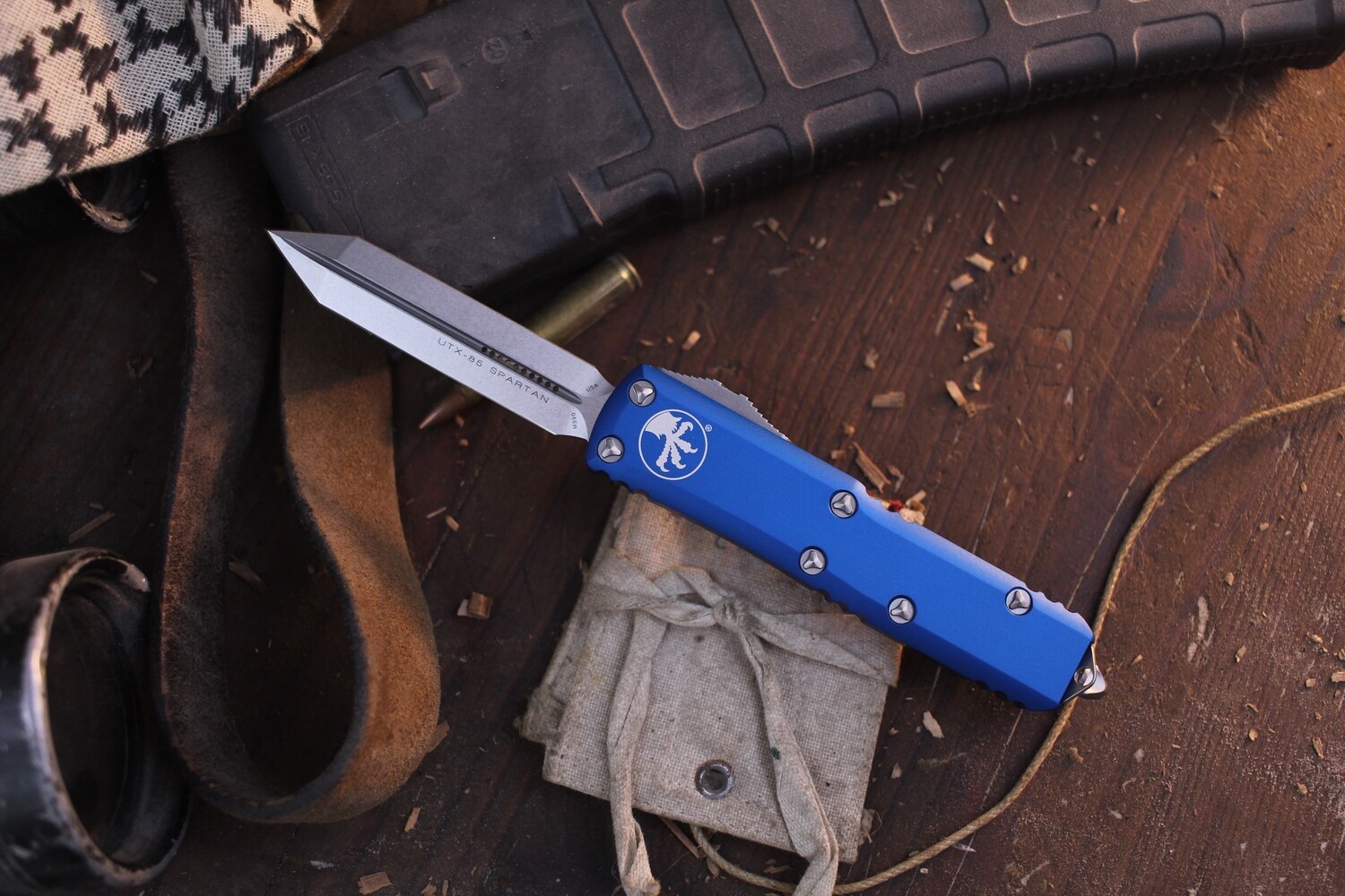 Microtech Spartan UTX-85 3.1&quot; OTF Automatic / Blue Aluminum / Stonewashed
