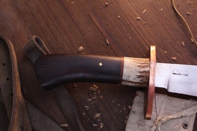 Highlands Forge 8" Fixed Blade Bowie / Wenge &amp; Moose Antler With Copper Guard / Satin Forged 1095