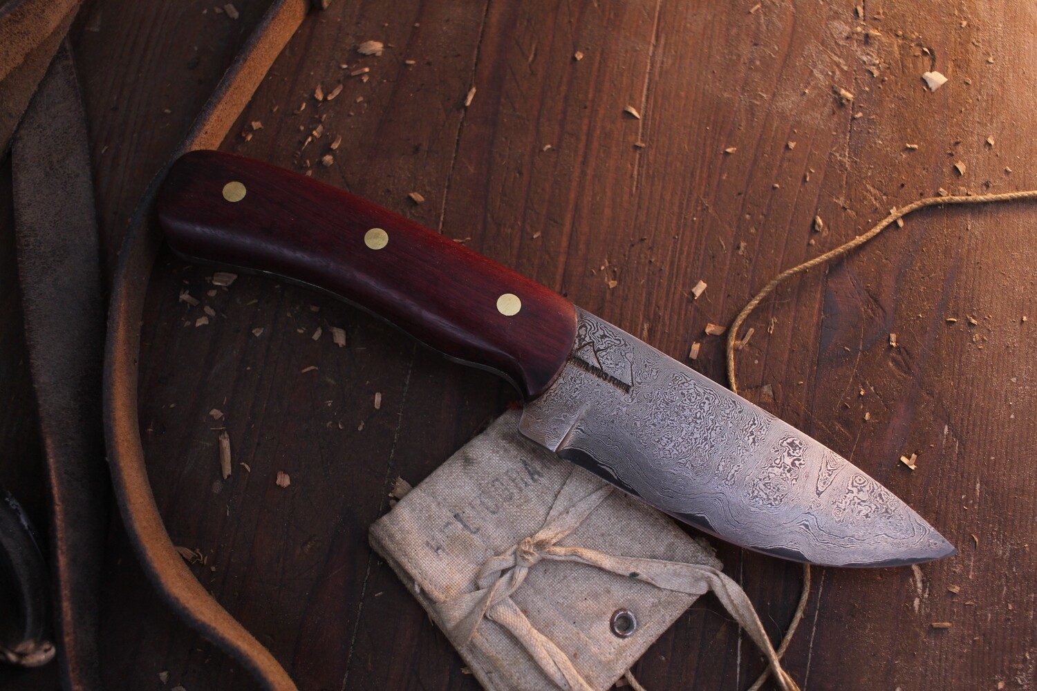 Highlands Forge Camp Knife 4" Fixed Blade / Purple Heartwood / Alaskan Forged Damascus