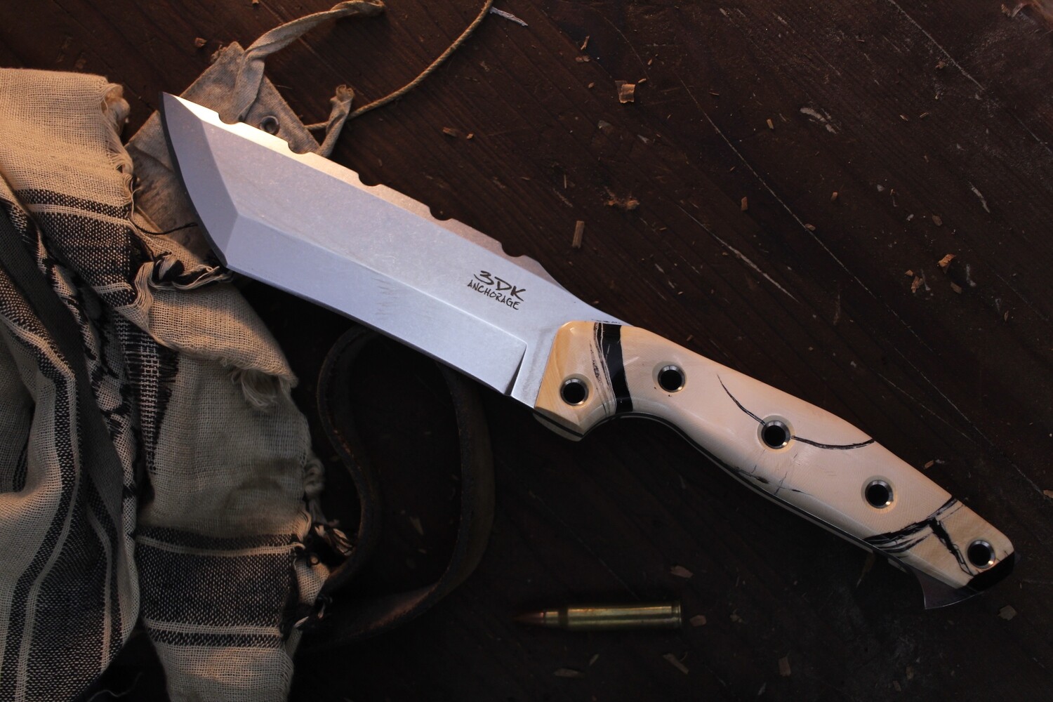 3DK Custom Amuk 6&quot; Fixed Tanto Point, Elmax Blade / End Cut Mammoth Ivory