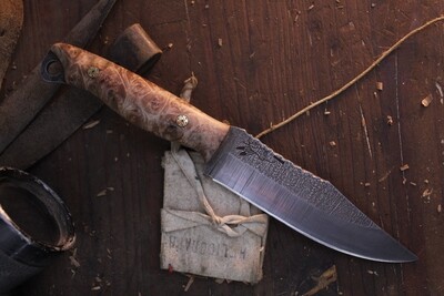 Half Face Blade OG Crow Scout 5" Fixed Blade / Contoured Maple Burl & Mosaic Pins / Acid Wash S35VN ( Pre Owned )