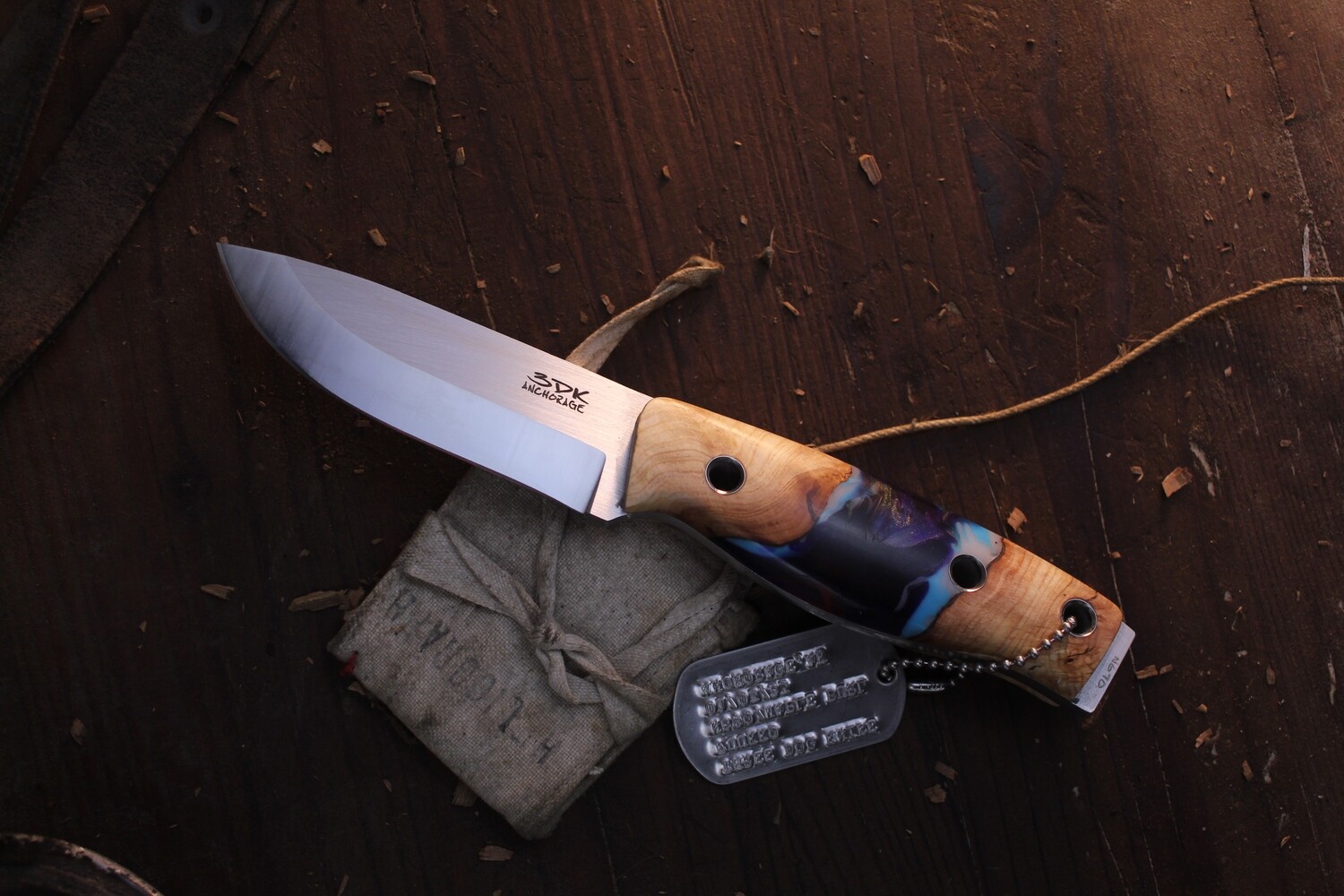 3DK Fuukko 3.75&quot; Fixed Scandi, N690 Blade / Maple Burl &amp; Northern Lights Epoxy