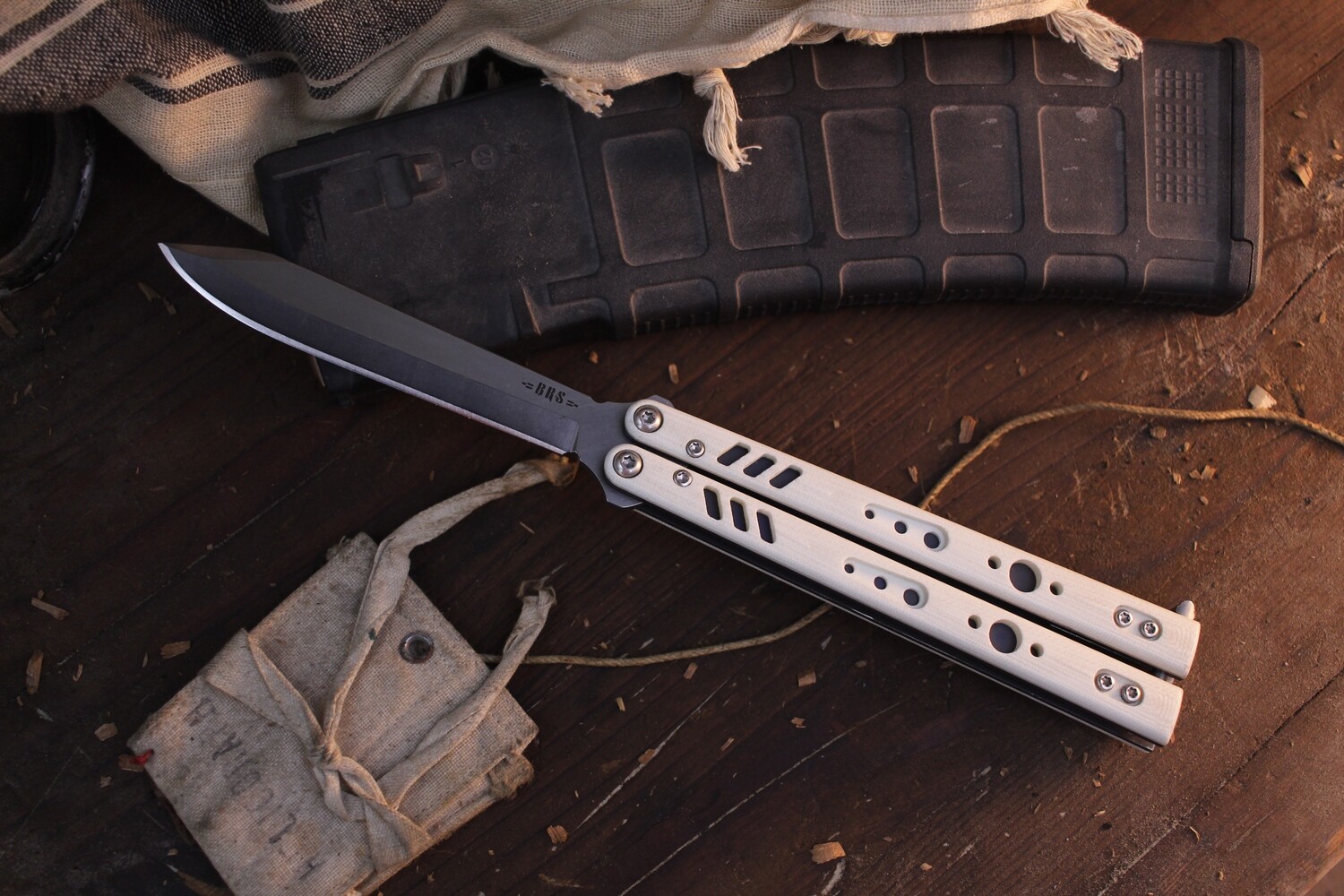 BRS Replicant ALT 4.5&quot; Balisong / White G10 &amp; Purple Titanium / Satin 154CM ( Pre Owned ) 