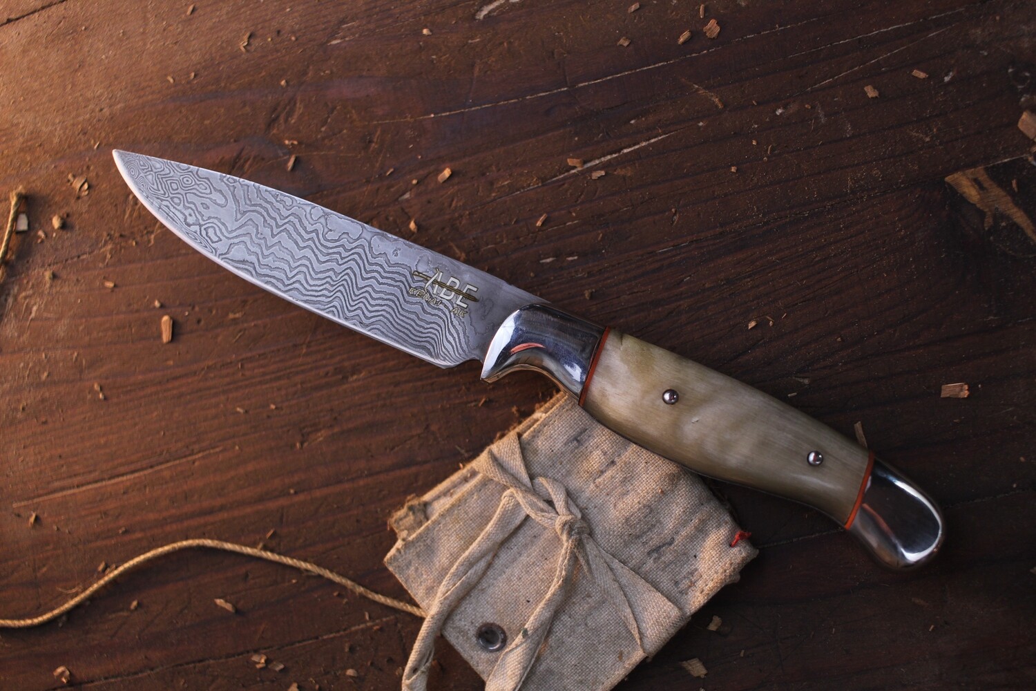 Abe Knives Big Sheep 4.5&quot; Fixed Blade / Ram Horn / 1084 &amp; 15N20 72 Layer Damascus
