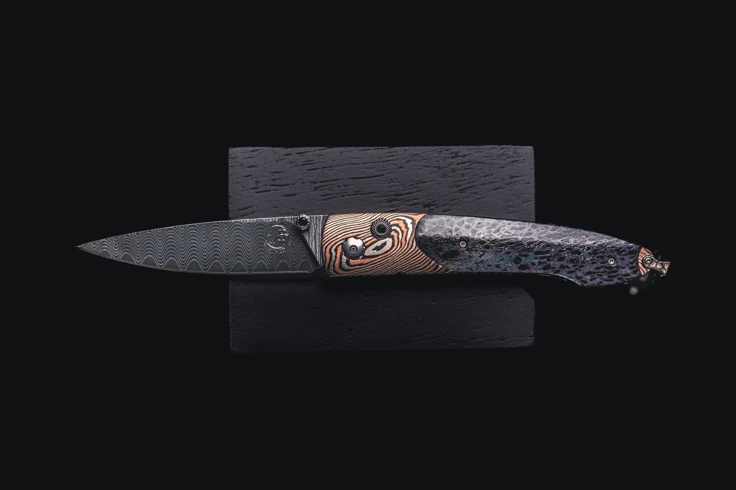 William Henry Studio B10 Barrow 2.75&quot; Button Lock Folder / Mokume Frame With Mammoth Bone Inlay &amp; Spinel Stones / Wave Damascus