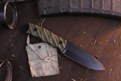Half Face Blade Disaster Jr. 3.75” Fixed Blade / OD Green Textured G-10 / Elite Black Cerakote CPM-3V