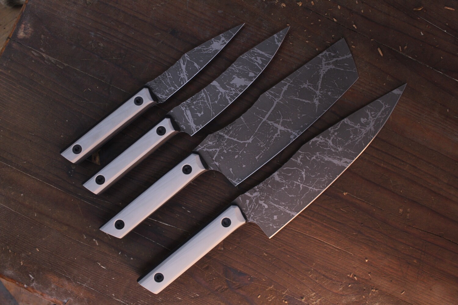 Half Face Blade Chef 4pc Set / Gray &amp; Black Layered G-10 / Acid Splashed S45VN