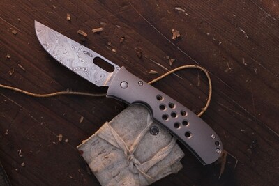Tom Mayo Covert Medium 3.2" Folding Knife / Titanium With Speed Holes / Damascus ( Pre Owned )