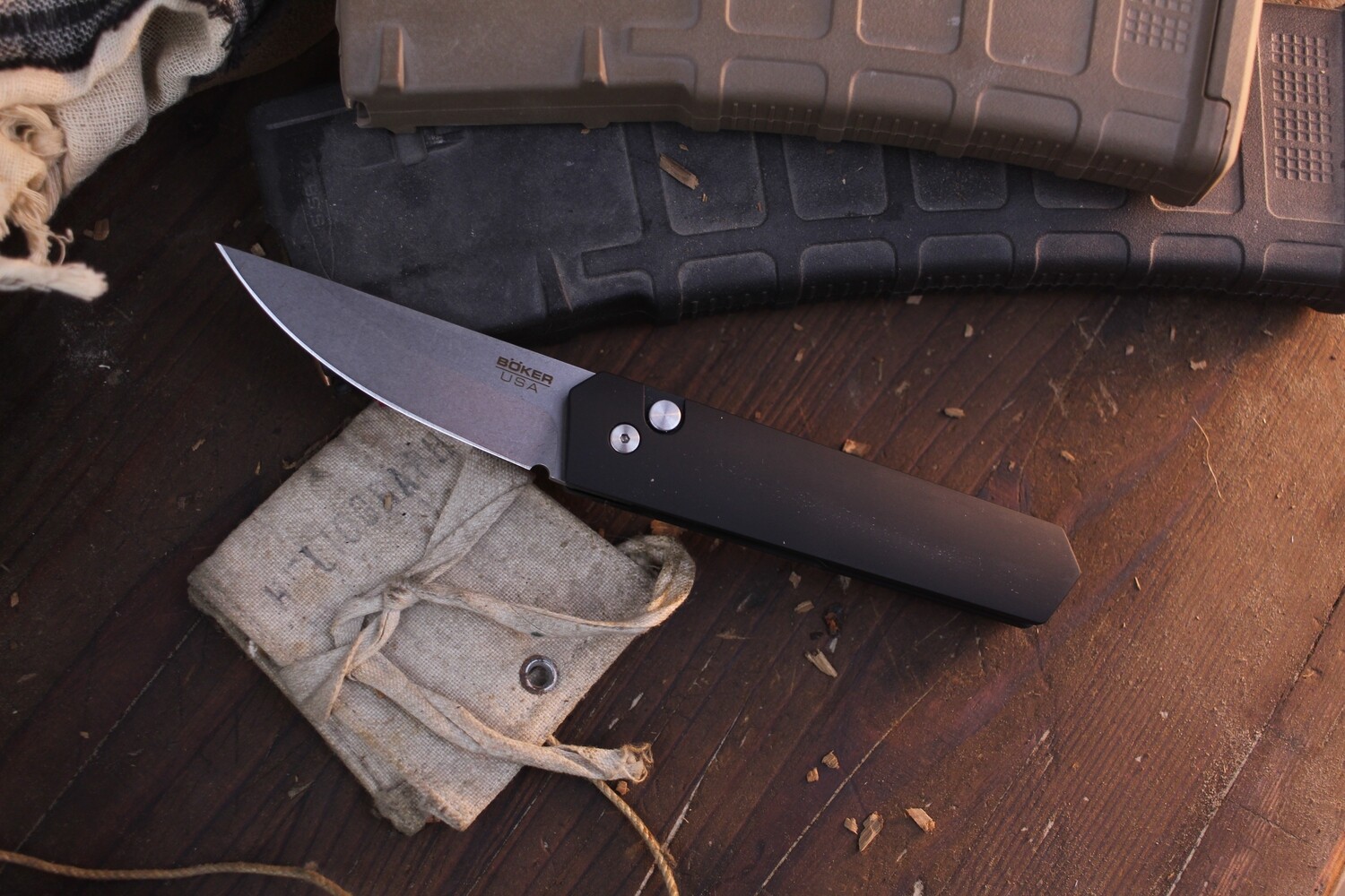 Boker Burnley Kwaiken Compact 3&quot; Auto Plunge Lock Folder / Black Aluminum / Stonewashed 154CM