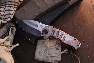 Medford Knife &amp; Tool (MKT) Blade Show 2016 Genesis T 3.5” Framelock Folder / Flamed Copper &amp; Ti / Satin CPM-3V ( Pre Owned )