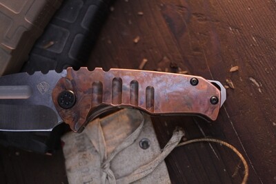 Medford Knife &amp; Tool (MKT) Blade Show 2016 Genesis T 3.5” Framelock Folder / Flamed Copper &amp; Ti / Satin CPM-3V ( Pre Owned )