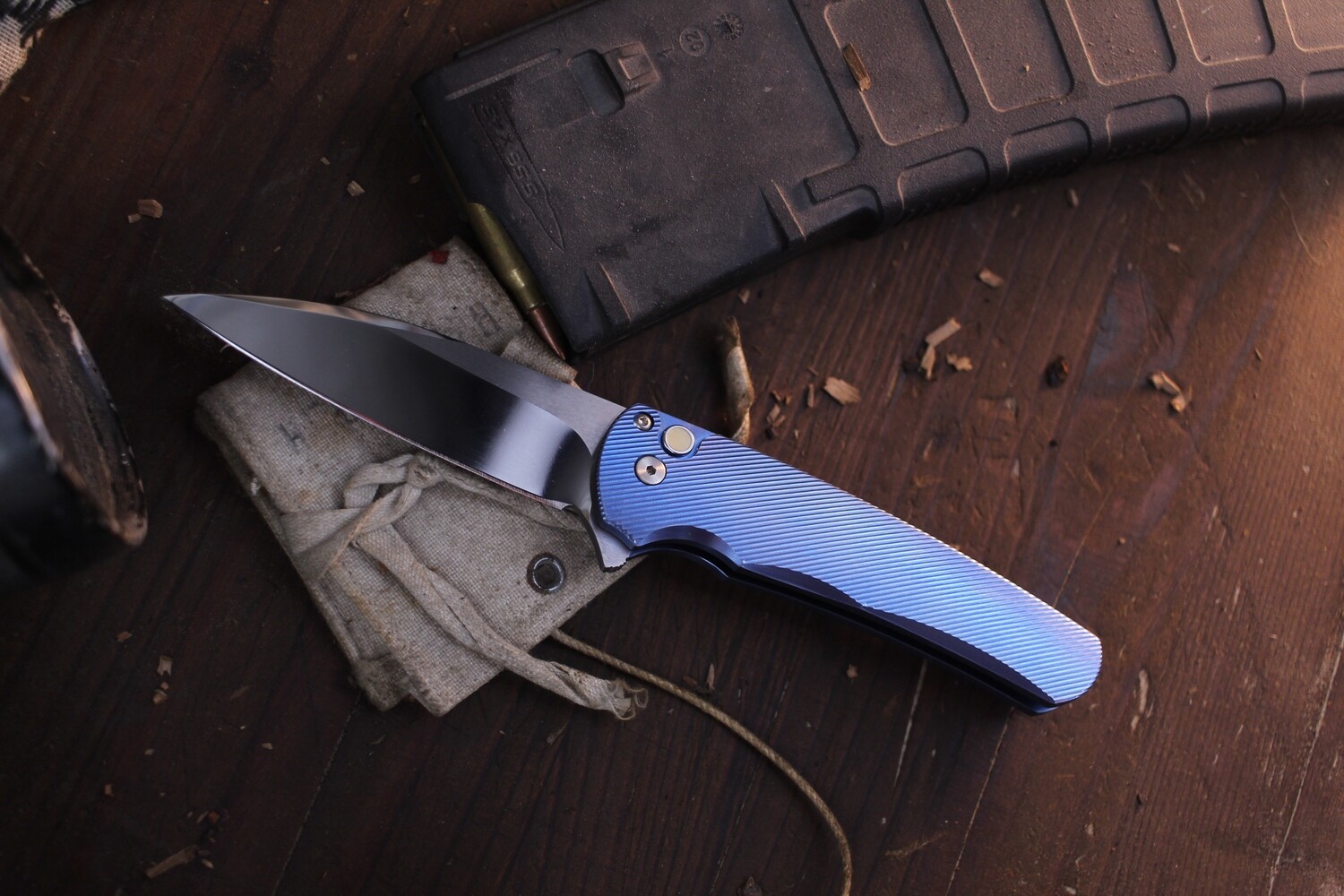 Pro-Tech 2023 Custom Malibu 3.3&quot; Plunge Lock Flipper / 3D Machined Blue Titanium &amp; Gold Lip Pearl Button / Hand Ground 154CM