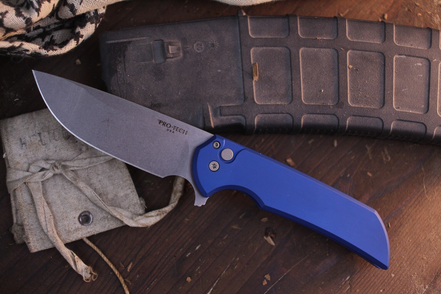 Pro-Tech Mordax 3.625&quot; Drop Point Plunge Lock Flipper / Blue Aluminum / Stonewashed CPM-Magnacut