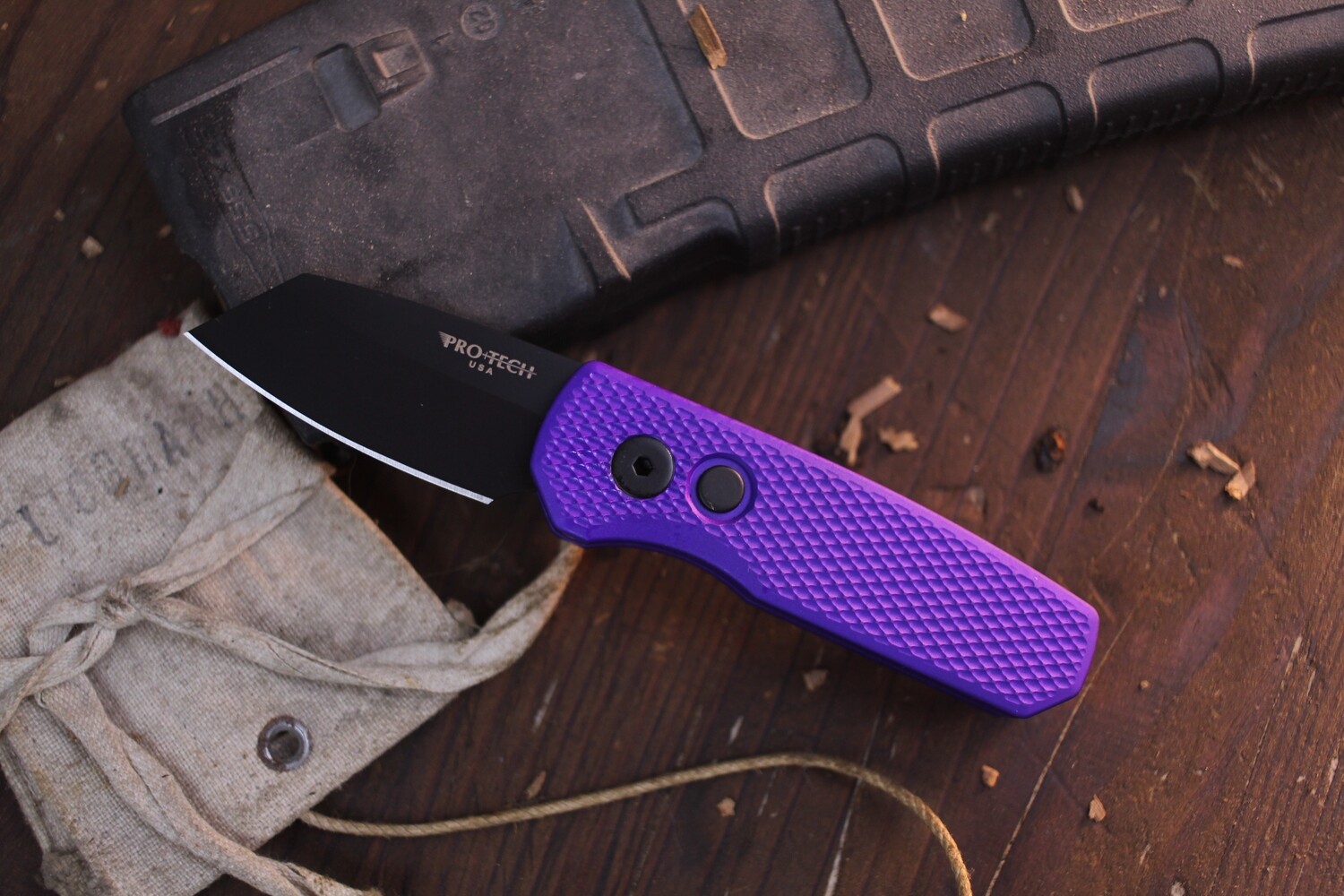 Pro-Tech Runt 5 1.94” Reverse Tanto Auto Buttonlock Folder / Textured Purple Aluminum / Black DLC Magnacut