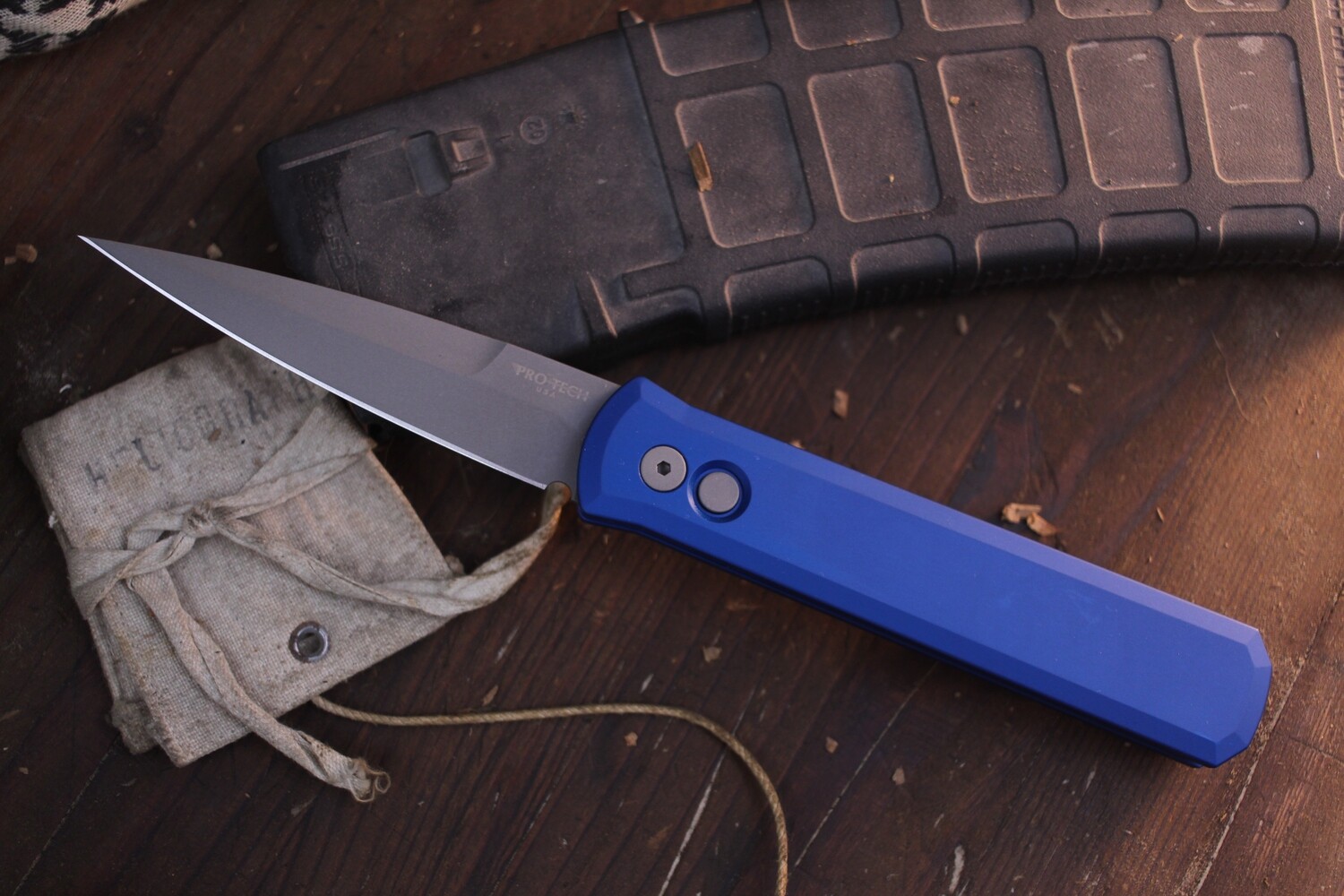 Pro-Tech Godfather 4” Auto Buttonlock Folder / Blue Aluminum / Bead Blasted 154CM