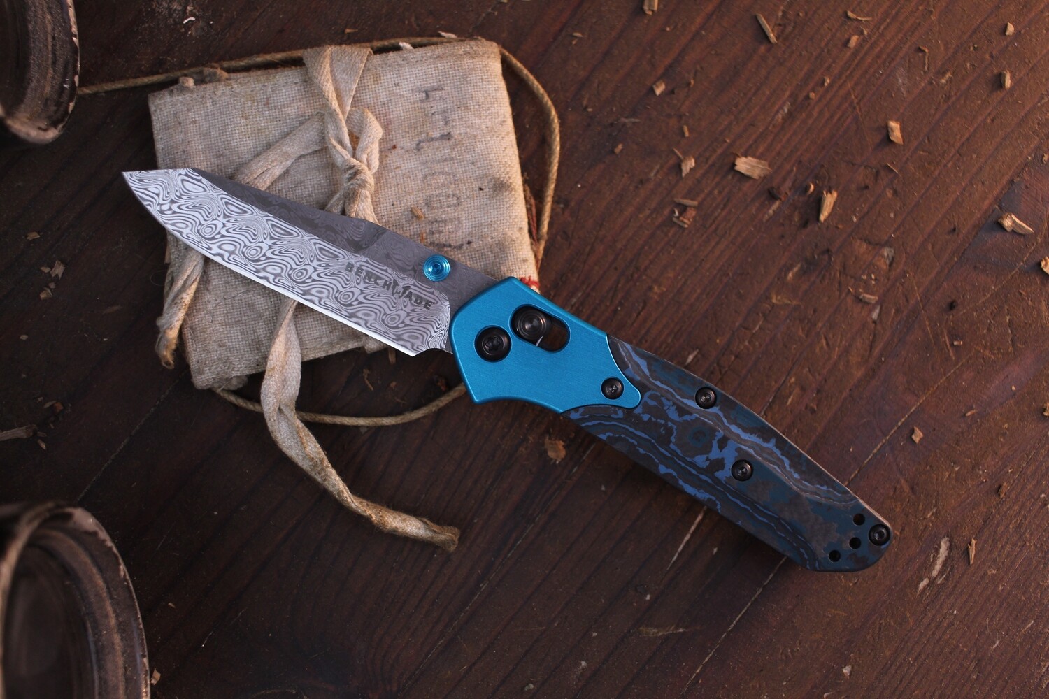 Benchmade Prototype Gold Class Mini Osborne 2.92&quot; Axis Lock Folder / Arctic Storm Fat Carbon &amp; Aqua Bolsters / Ægir™ Damasteel