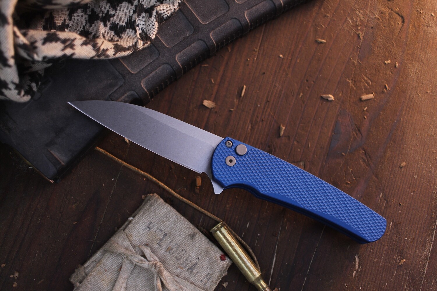 Pro-Tech Malibu 3.3&quot; Wharncliffe Plunge Lock Flipper / Blue Textured Aluminum / Stonewashed CPM-MagnaCut