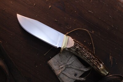 David Reed Groß Jager Messer 5" Fixed Blade / Elk Antler &amp; Brass Single Guard / Satin Clip Point D2