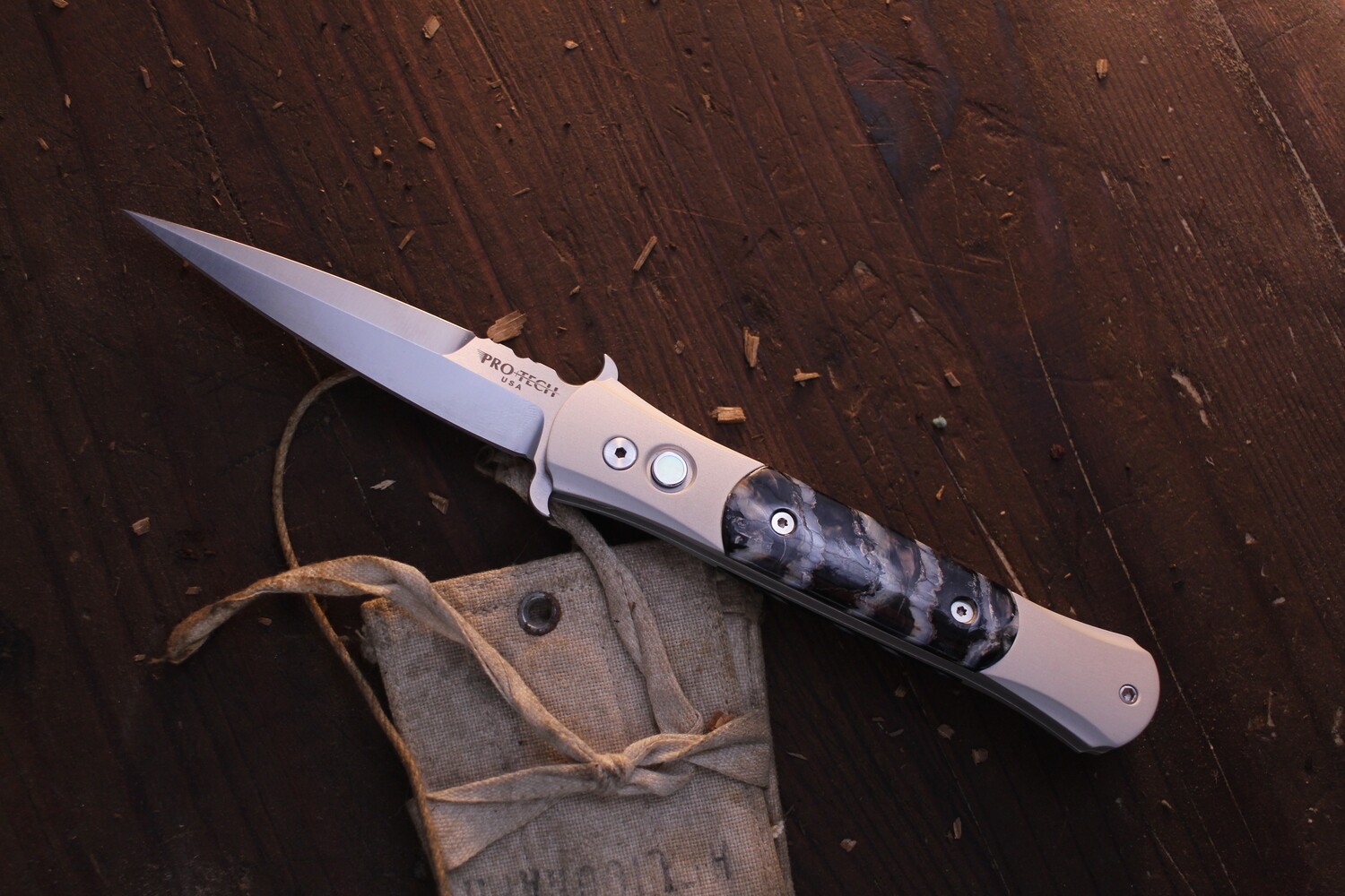 Pro-Tech The Don 3.5&quot; Automatic Knife / Aluminum &amp; Mammoth Tooth Inlays / Satin 154CM / Custom File Work ( Pre Owned )