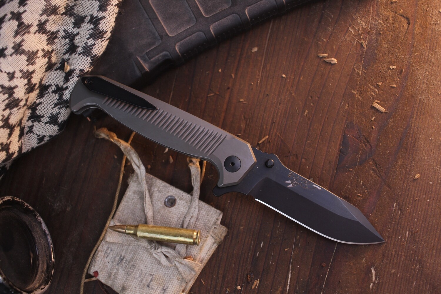 Half Face Blade Disaster 3.25” Plunge Lock Flipper / Monolithic Contoured Titanium Frame / Elite Black Cerakote S45VN