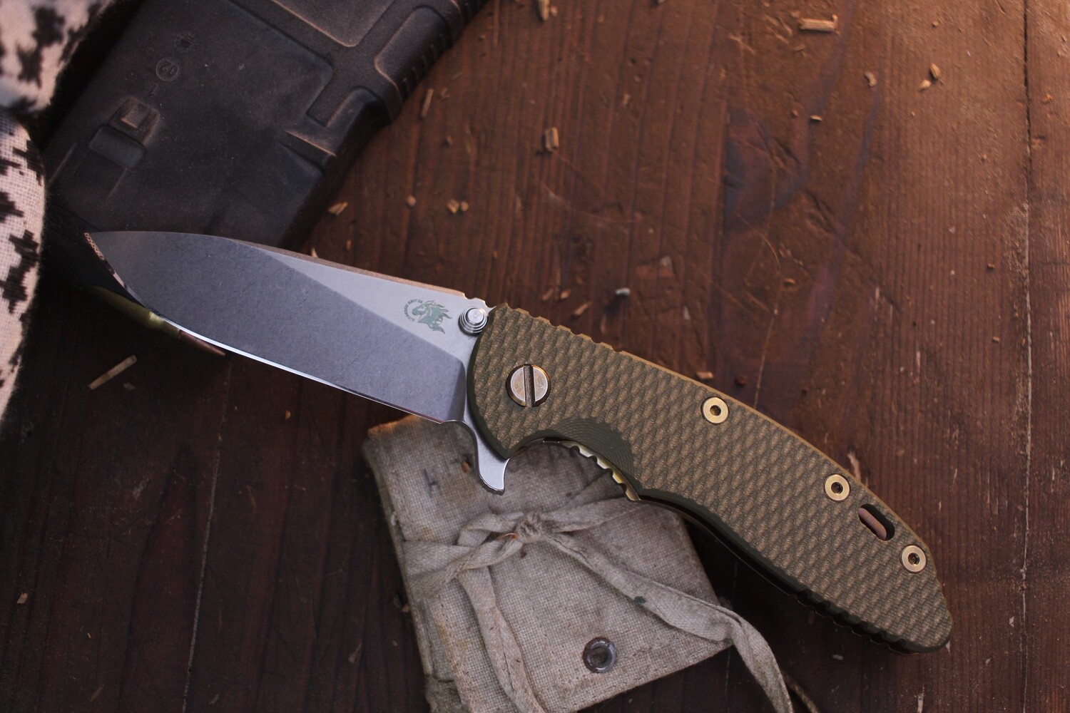 Hinderer XM-18 3.5&quot; Slicer Framelock Flipper / OD Green G-10 &amp; Bronzed Titanium / Stonewashed M390 ( Pre Owned )